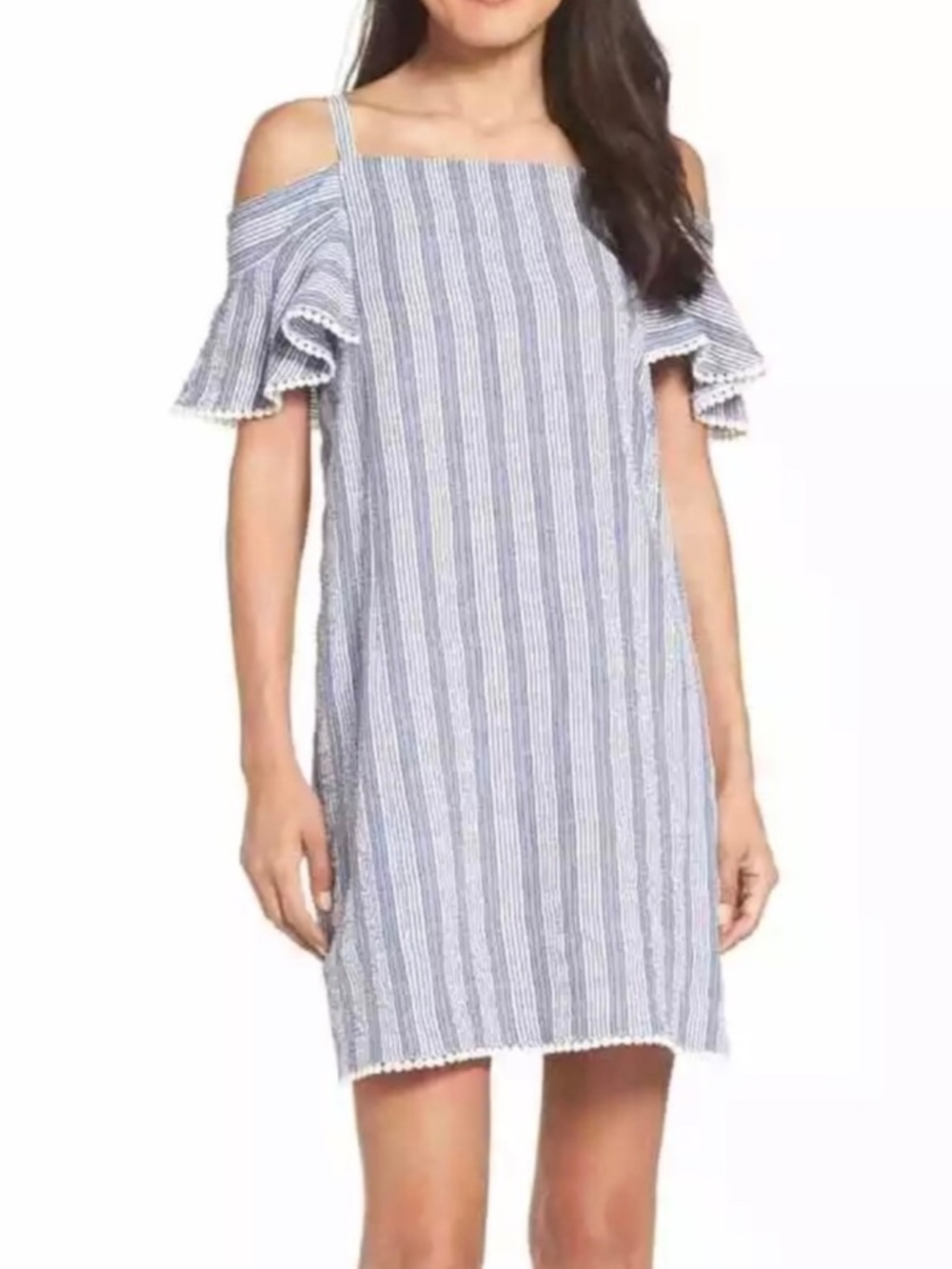 Maggy London Sz 2 Blue White Stripe Seersucker Dress Cold Shoulder Mini